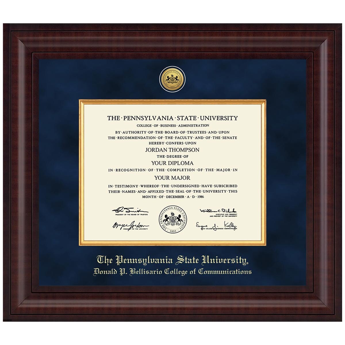 #109 Donald P. Bellisario College of Communications diploma frame Presidential in Premier (Chestnut)